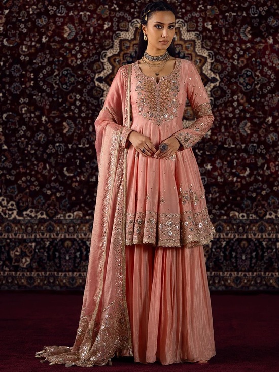 Lashkaraa Dresses & Skirts - Lashkaraa Peachy Pink Embroidered Viscose Chinon Sharara. NWT. Size Large.